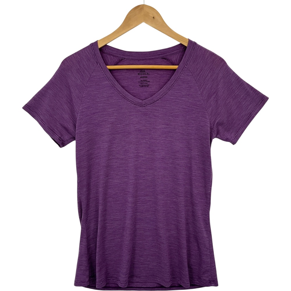 Woolx Mia Shirt Womens Medium Purple Merino Wool Blend V Neck Short Sleeve Top